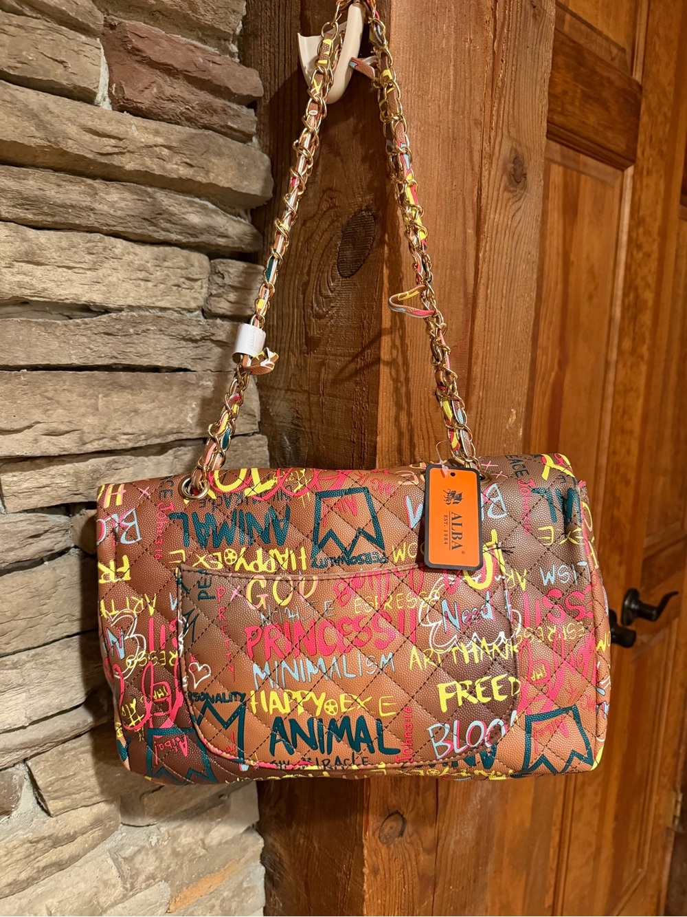 ALBA NWT Brown Multicolor Graffiti Quilted Vegan Leather Chain Crossbody Bag - Picture 2 of 8